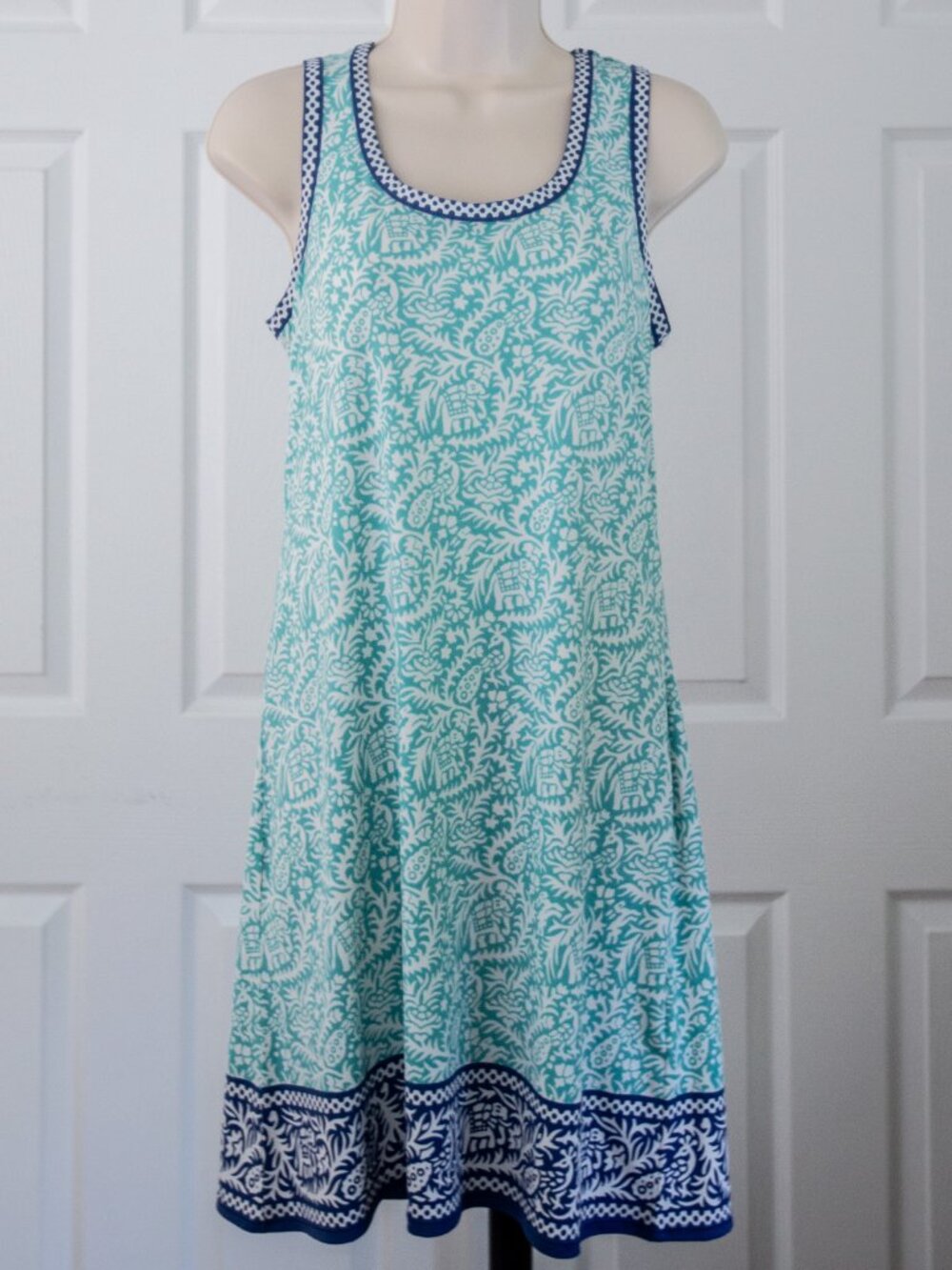 Aqua & White Printed Mini Dress with Navy Border